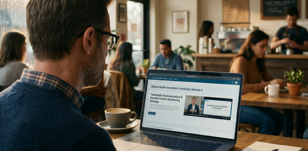 adult learner doing an online course in a cafe.